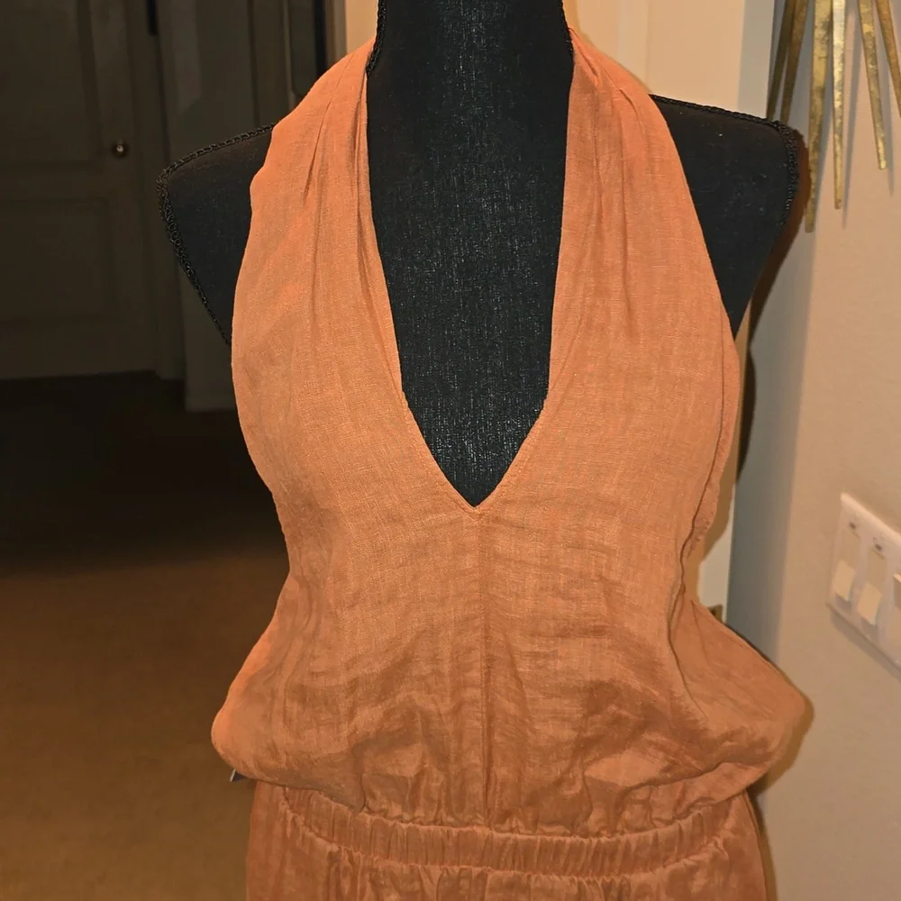 BRAND NEW ANTHRO Cloth & Stone Linen Cross-Halter Maxi Dress Medium Dark Orange - Picture 2 of 4